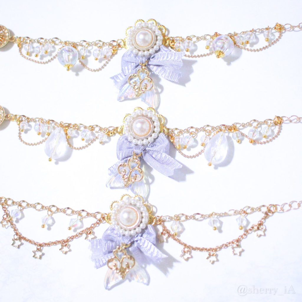 アミュリボン マーメイドモチーフブレスレット 人魚姫の涙と星の煌めき、泡の煌めきをイメージをした3種のハンドメイドアクセサリー 藤色とクリアカラー